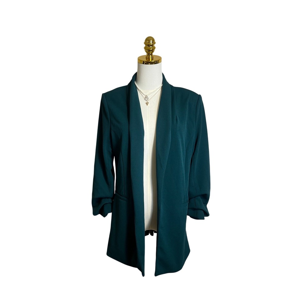 Fashion Nova‎ Womens Hunter Green Ruched 3/4 Sleeve Open Front Blazer Size M